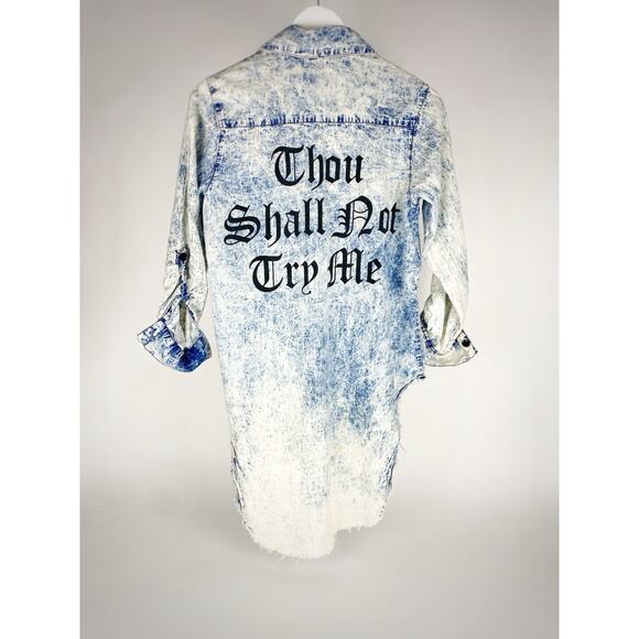 Thrill Jeans Distressed Bleached Denim Shirt Dress Thou Shall Not Try Me Size S - Picture 1 of 10